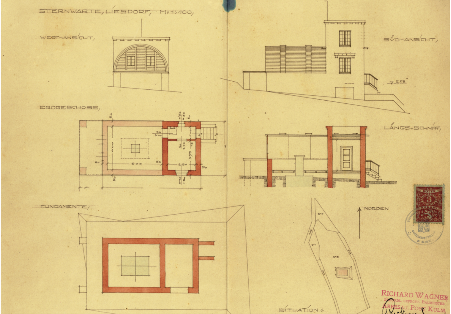 Archivní plán areálu a stavebních částí observatoře. Zdroj: archiv Ústecké hvězdárny.