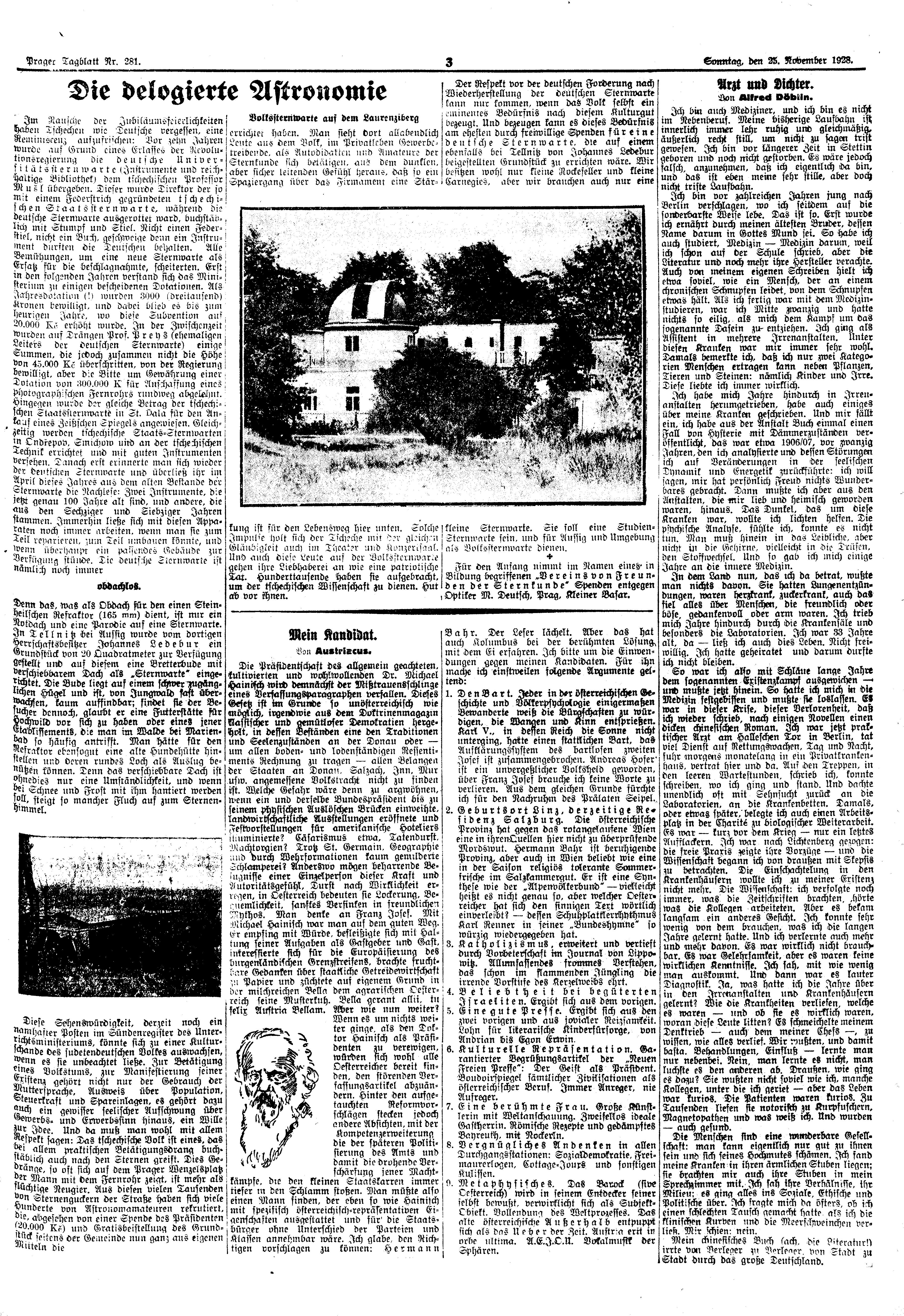 Strana deníku Prager Tagblatt uchovaná mezi dobovými prameny k historii observatoře. Zdroj: archiv Ústecké hvězdárny.