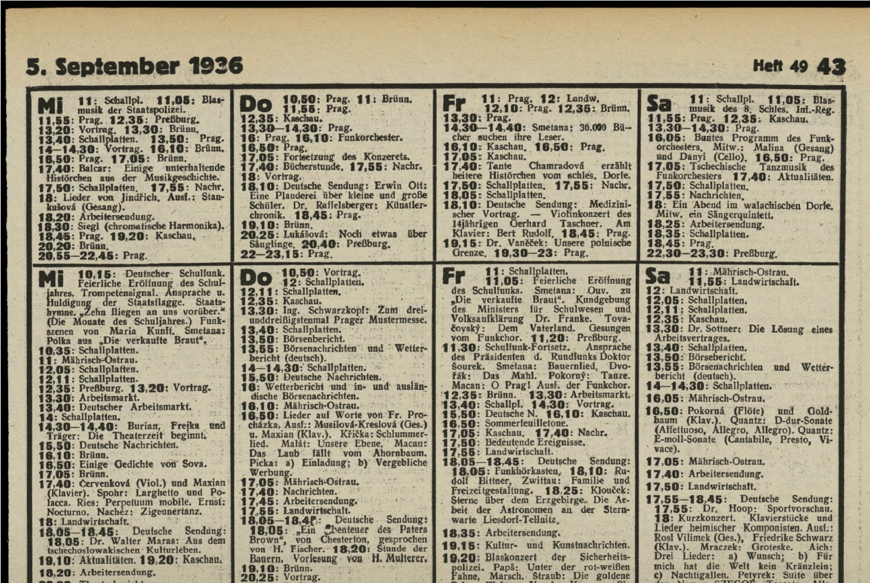 Dobový program rozhlasového vysílání zachovaný v archivním fondu observatoře. Zdroj: archiv Ústecké hvězdárny.